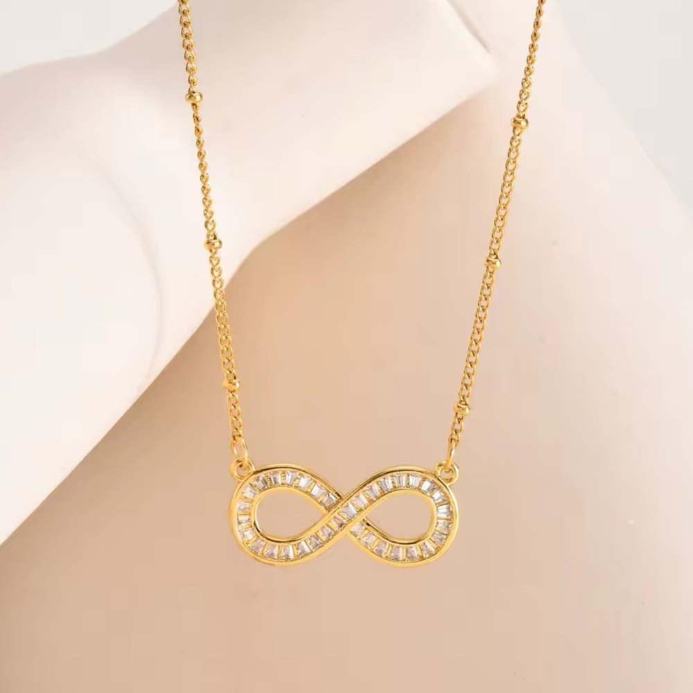 18K Gold Infinity Symbol Diamond Baguette Inlay Love Forever Necklace - Picture 3 of 7